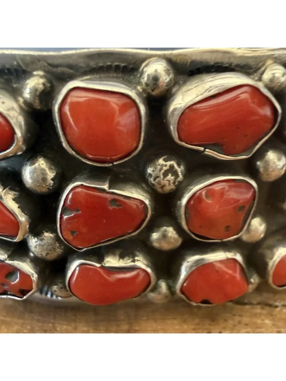 Vintage Navajo Sterling Silver & Coral Cabochon Cluster Cuff Bracelet Signed DM
